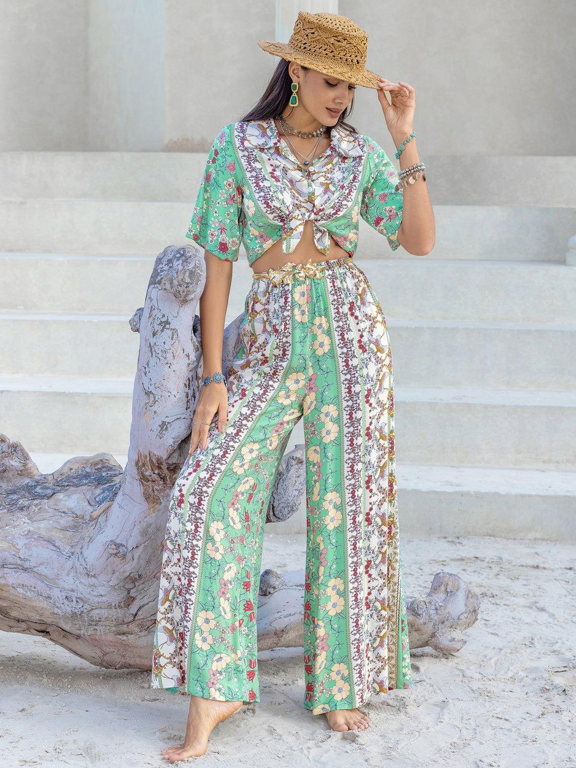 Printed Half Sleeve Top and Wide Leg Pants Set - Clothes For Her Online Store