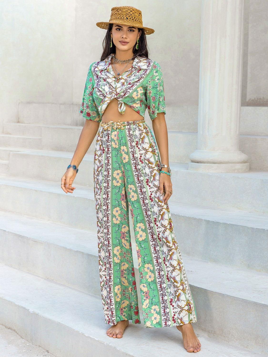 Printed Half Sleeve Top and Wide Leg Pants Set - Clothes For Her Online Store