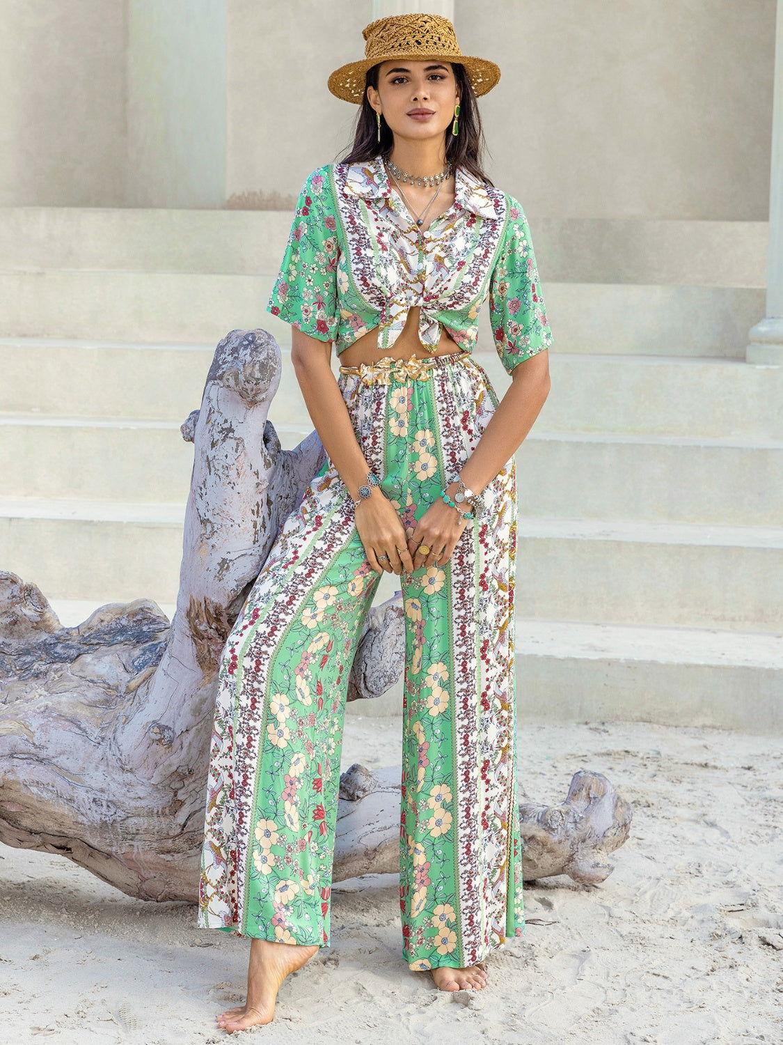 Printed Half Sleeve Top and Wide Leg Pants Set - Clothes For Her Online Store