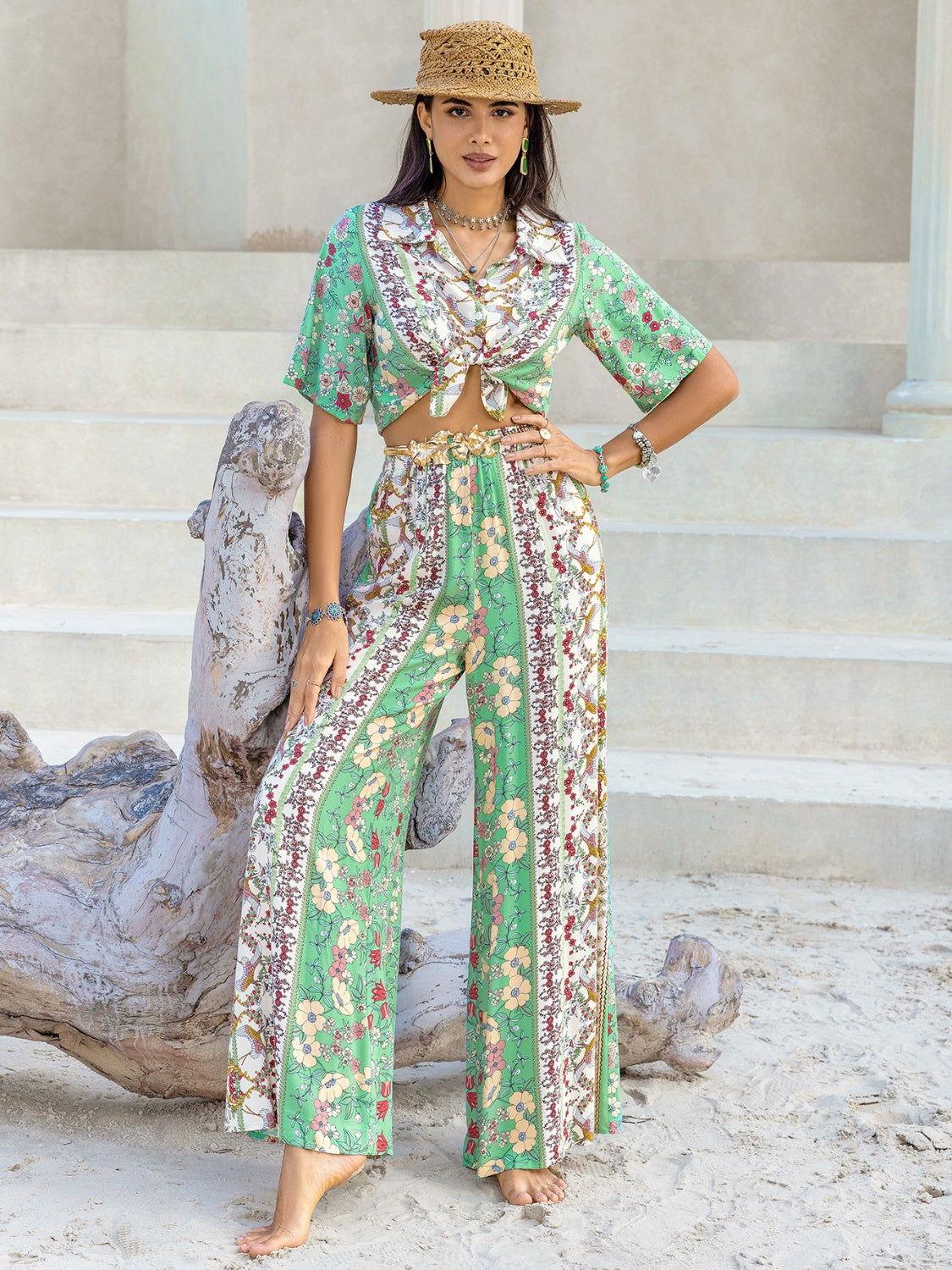 Printed Half Sleeve Top and Wide Leg Pants Set - Clothes For Her Online Store