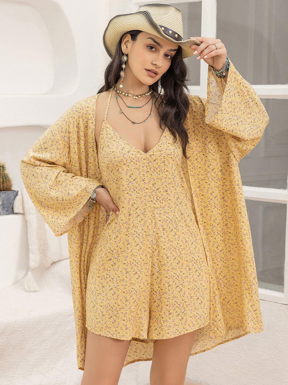 Printed Halter Neck Romper and Cover Up Set - Clothes For Her Online Store