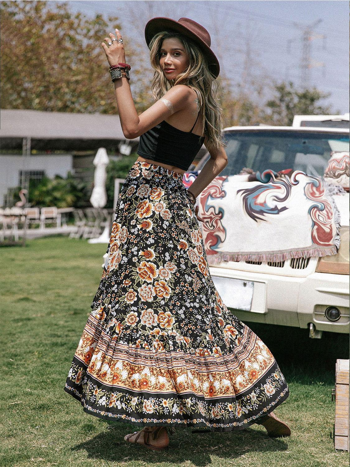 Printed High-Low Ruffle Hem Skirt - Clothes For Her Online Store