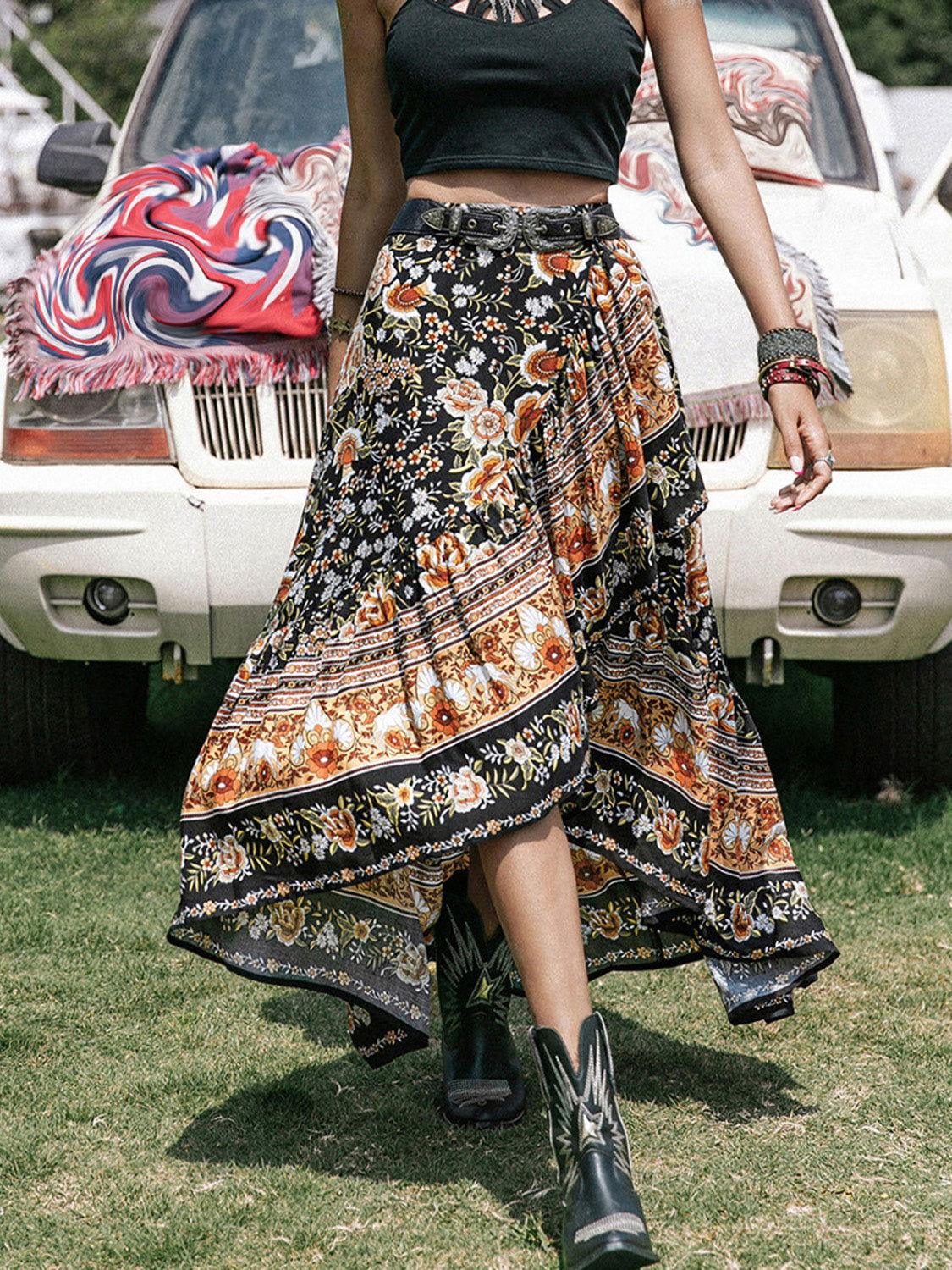 Printed High-Low Ruffle Hem Skirt - Clothes For Her Online Store