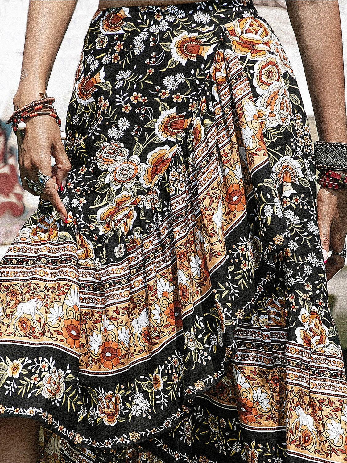 Printed High-Low Ruffle Hem Skirt - Clothes For Her Online Store