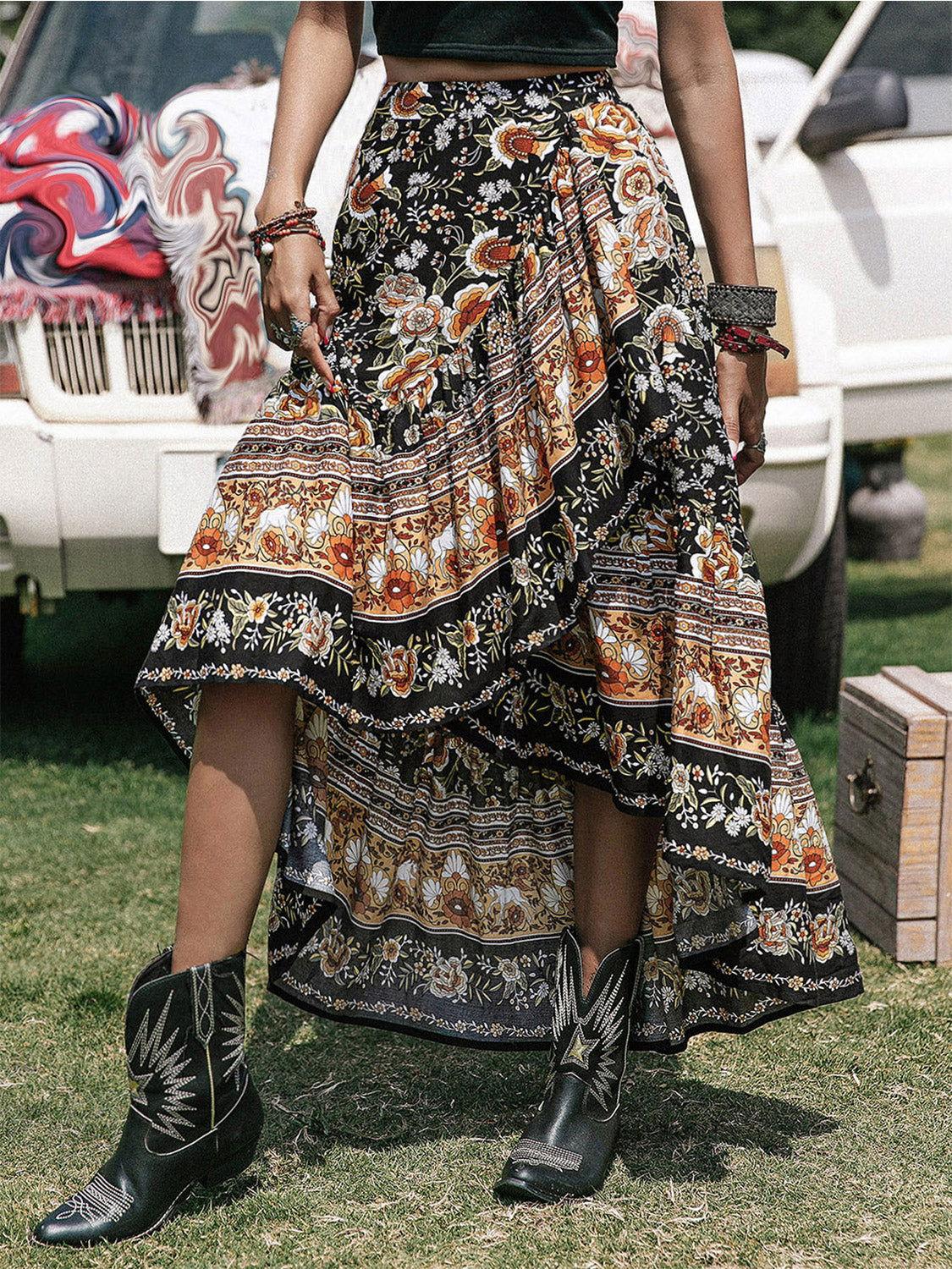 Printed High-Low Ruffle Hem Skirt - Clothes For Her Online Store