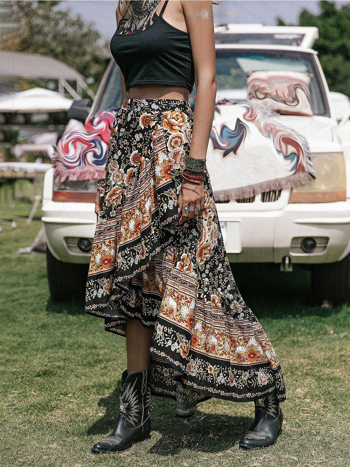 Printed High-Low Ruffle Hem Skirt - Clothes For Her Online Store