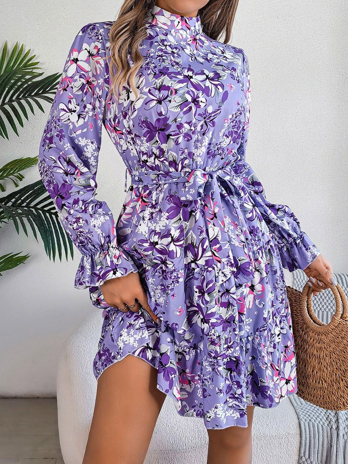Printed Mock Neck Flounce Sleeve Mini Dress - Clothes For Her Online Store