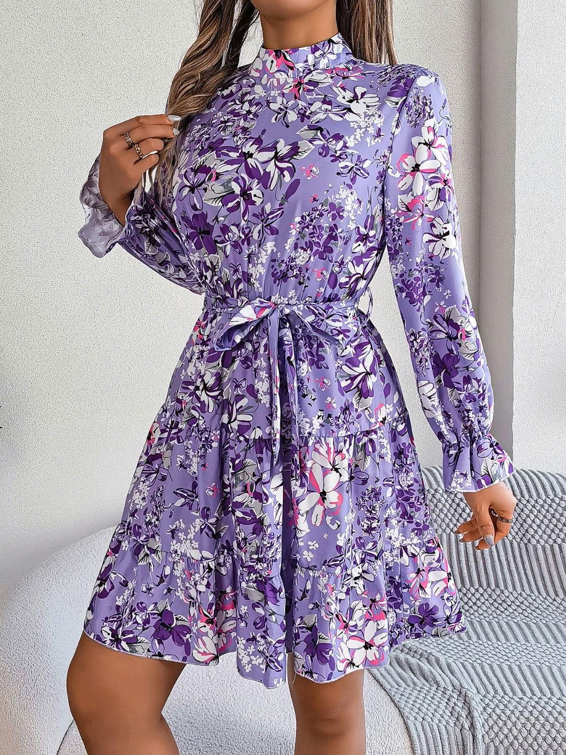 Printed Mock Neck Flounce Sleeve Mini Dress - Clothes For Her Online Store