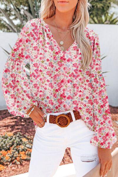 Printed Notched Long Sleeve Blouse - Clothes For Her Online Store