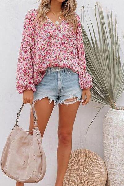 Printed Notched Long Sleeve Blouse - Clothes For Her Online Store