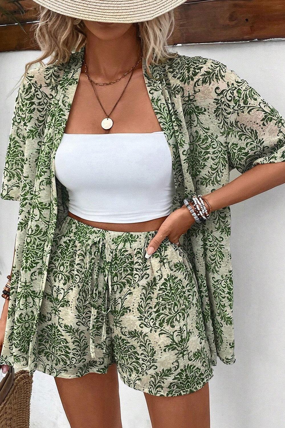 Printed Open Front Top and Shorts Set - Clothes For Her Online Store