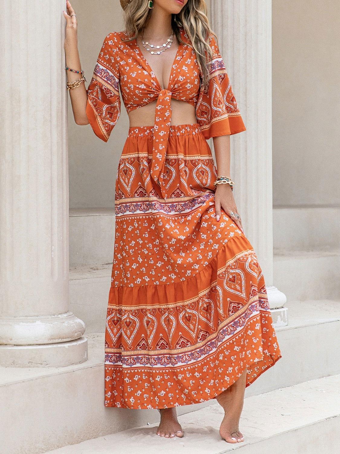 Printed Plunge Half Sleeve Top and Skirt Set - Clothes For Her Online Store