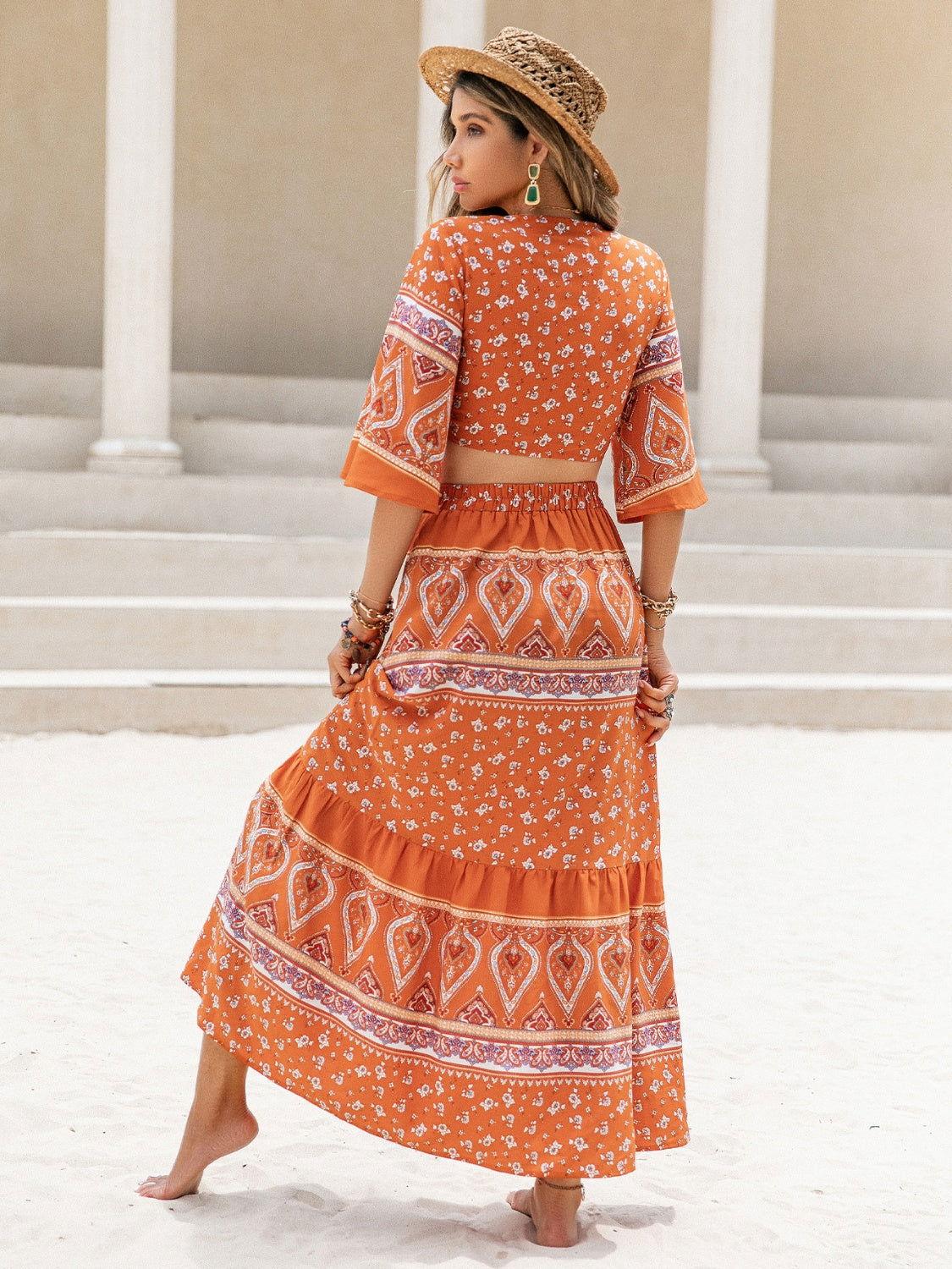 Printed Plunge Half Sleeve Top and Skirt Set - Clothes For Her Online Store