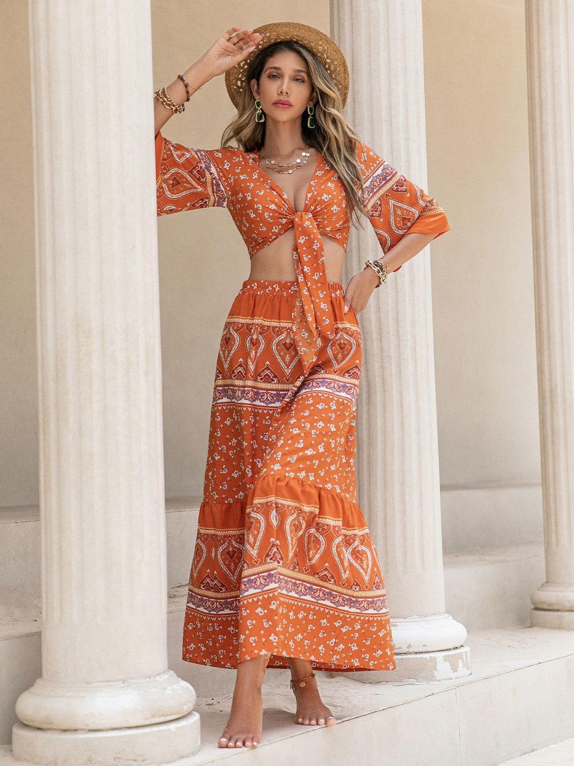 Printed Plunge Half Sleeve Top and Skirt Set - Clothes For Her Online Store