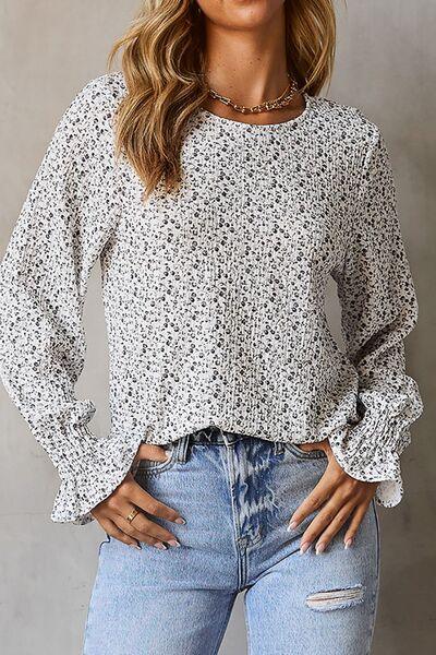 Printed Round Neck Flounce Sleeve Blouse - Clothes For Her Online Store