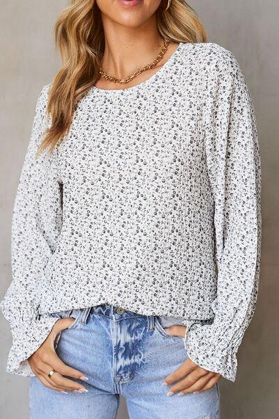 Printed Round Neck Flounce Sleeve Blouse - Clothes For Her Online Store