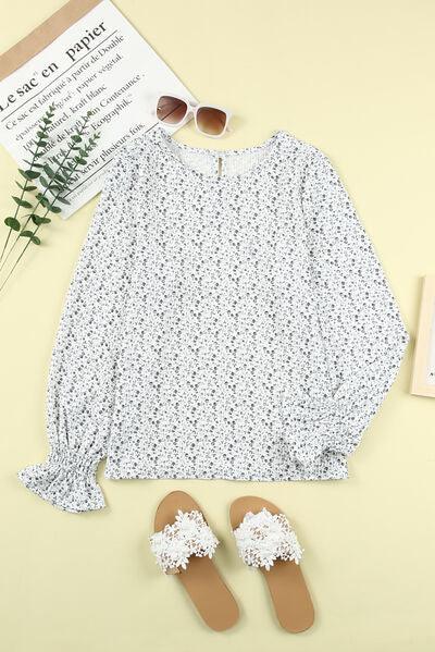 Printed Round Neck Flounce Sleeve Blouse - Clothes For Her Online Store