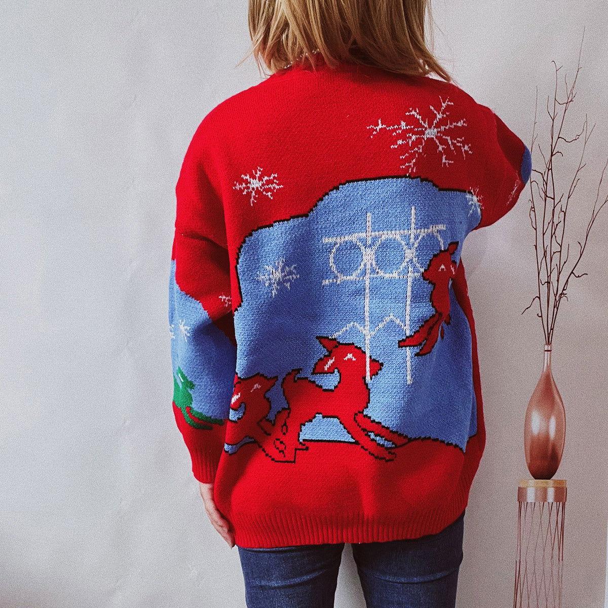 Printed Round Neck Long Sleeve Sweater - Clothes For Her Online Store