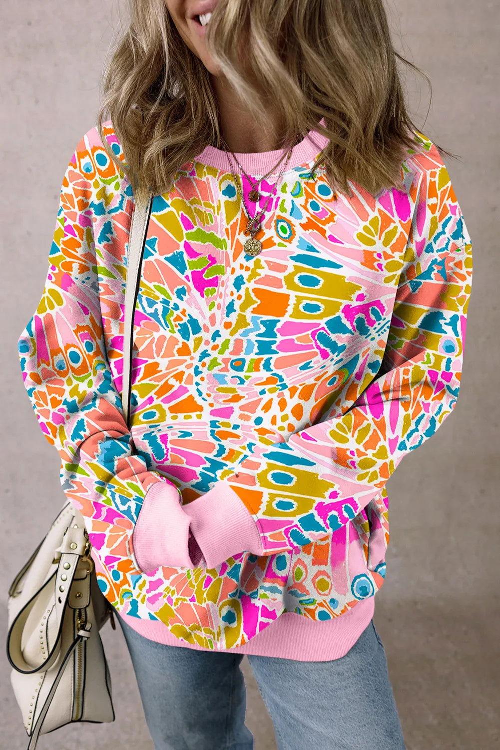 Printed Round Neck Long Sleeve Sweatshirt - Clothes For Her Online Store