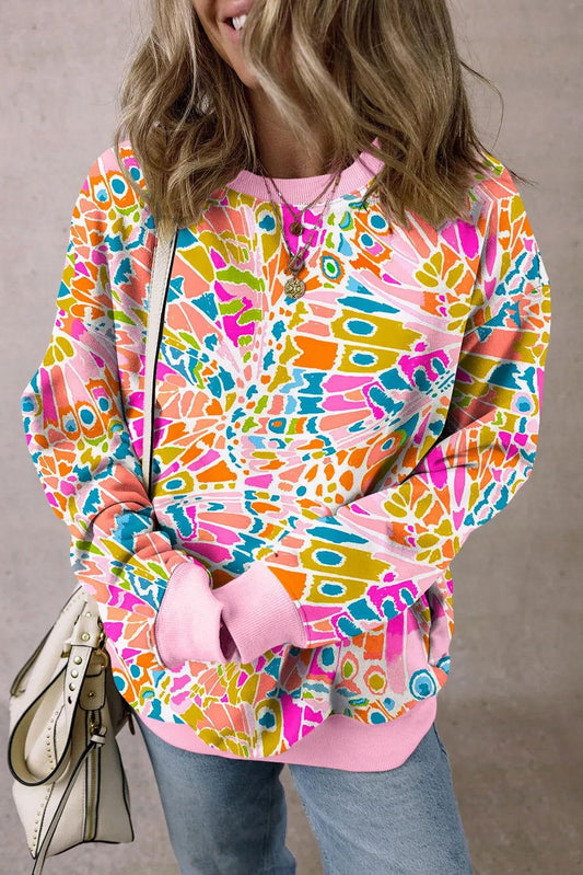 Printed Round Neck Long Sleeve Sweatshirt - Clothes For Her Online Store