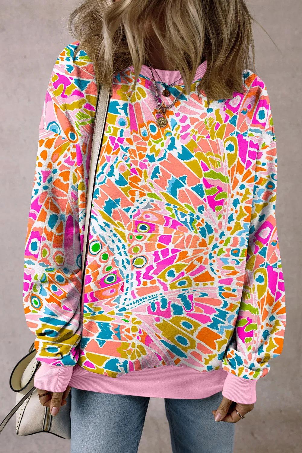 Printed Round Neck Long Sleeve Sweatshirt - Clothes For Her Online Store