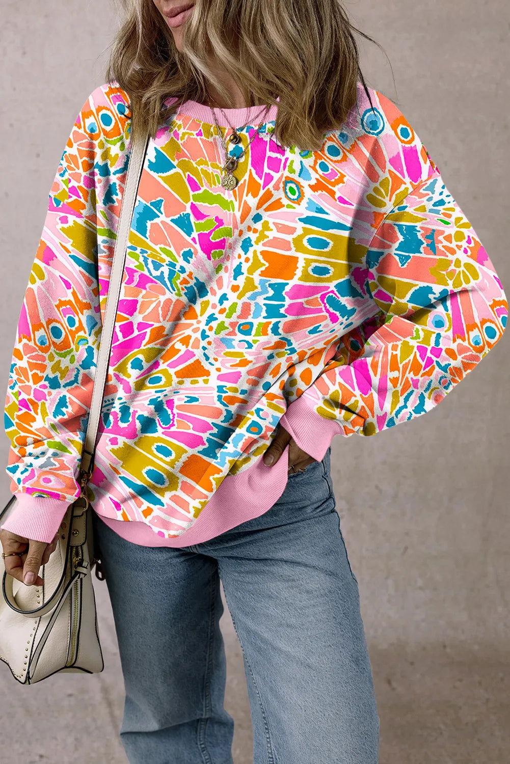 Printed Round Neck Long Sleeve Sweatshirt - Clothes For Her Online Store