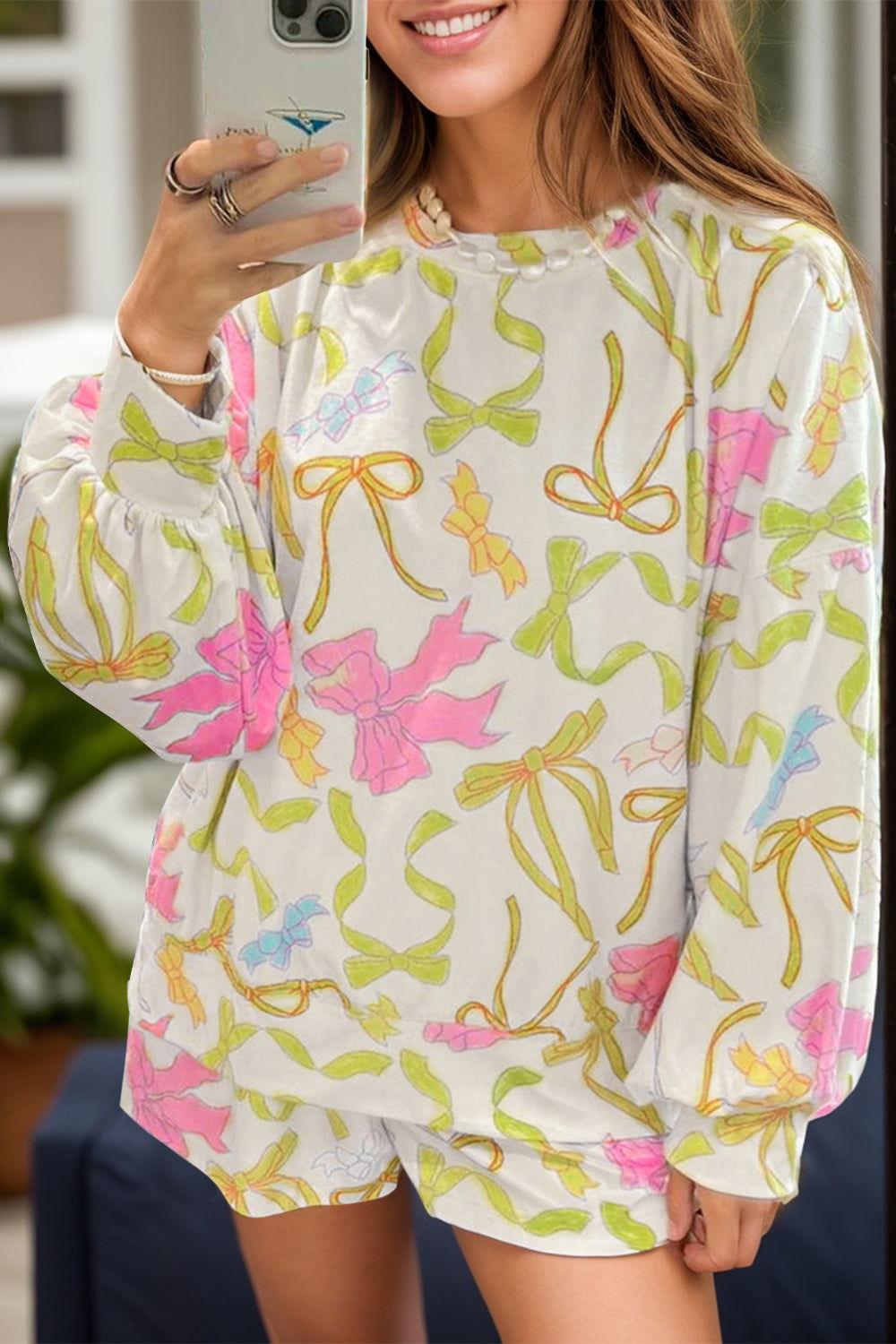 Printed Round Neck Long Sleeve Top and Shorts Set - Clothes For Her Online Store