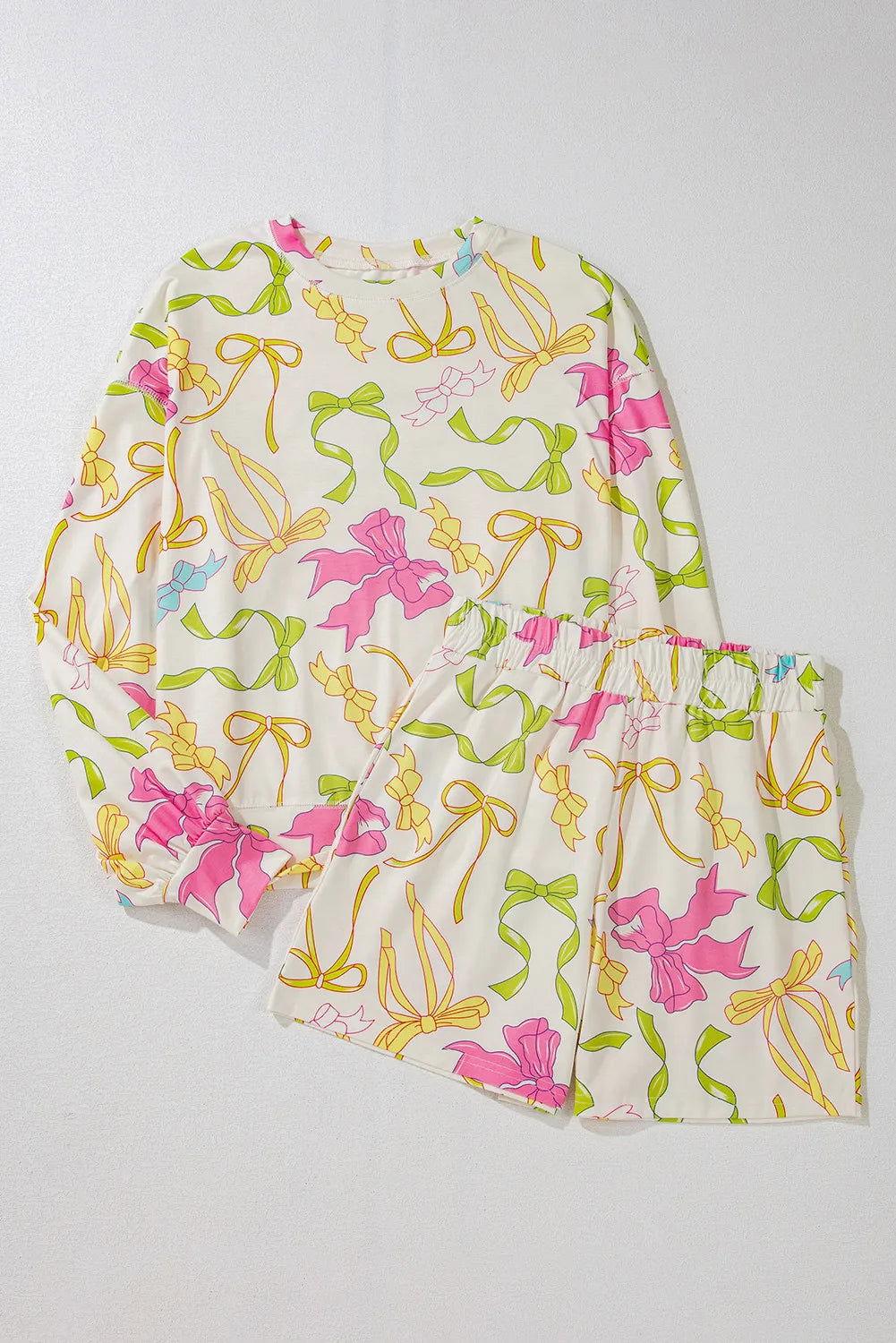 Printed Round Neck Long Sleeve Top and Shorts Set - Clothes For Her Online Store