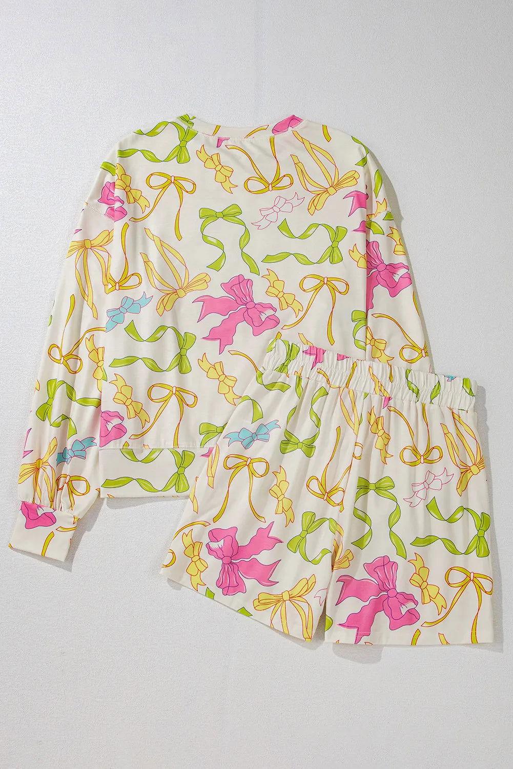 Printed Round Neck Long Sleeve Top and Shorts Set - Clothes For Her Online Store