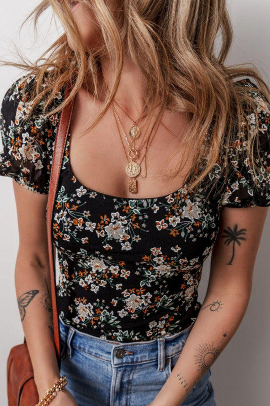 Printed Scoop Neck Short Sleeve Bodysuit - Clothes For Her Online Store