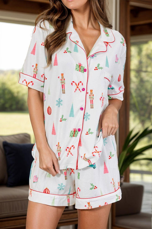 Printed Short Sleeve Top and Shorts Lounge Set - Clothes For Her Online Store