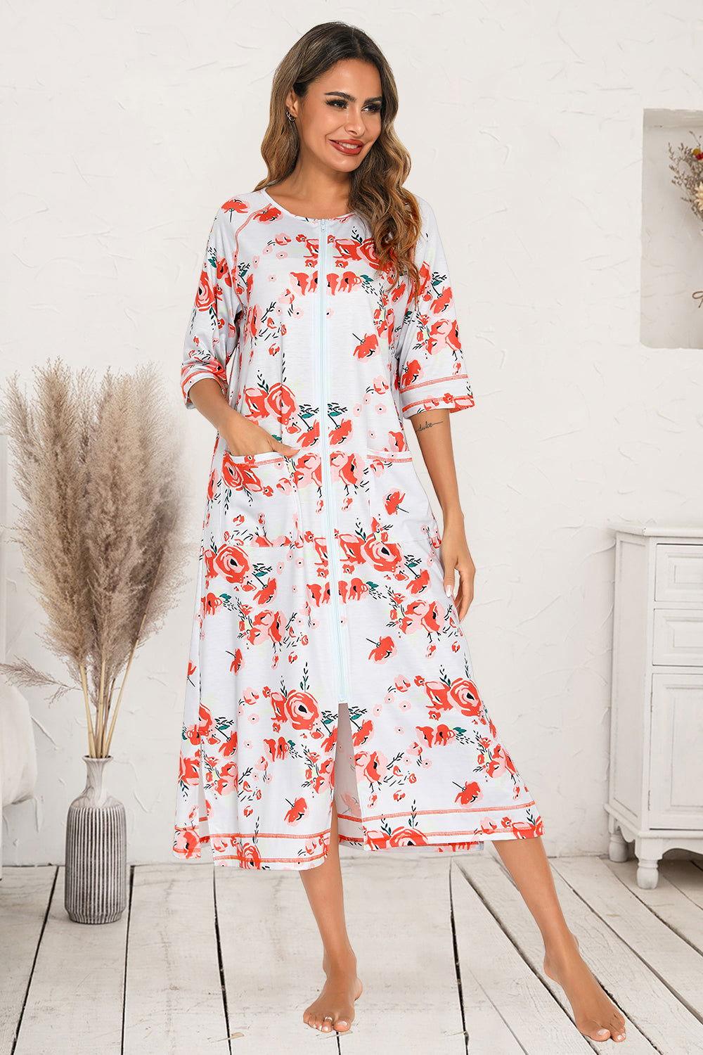 Printed Slit Night Dress with Pockets - Clothes For Her Online Store
