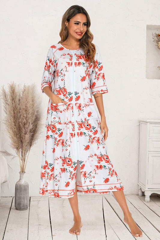 Printed Slit Night Dress with Pockets - Clothes For Her Online Store