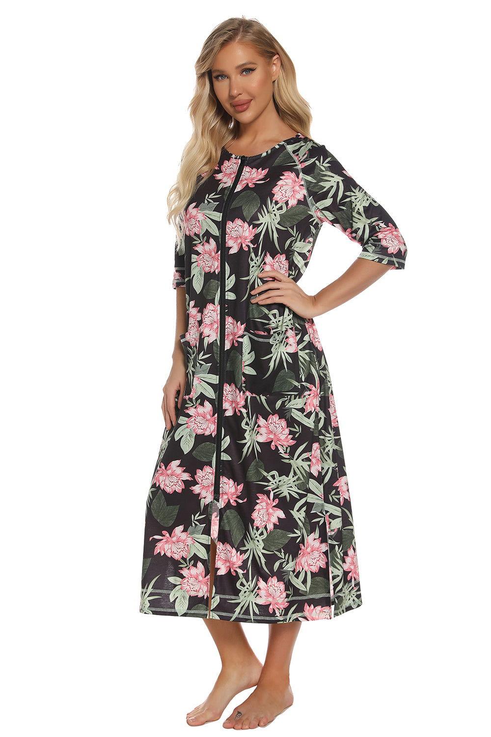 Printed Slit Night Dress with Pockets - Clothes For Her Online Store