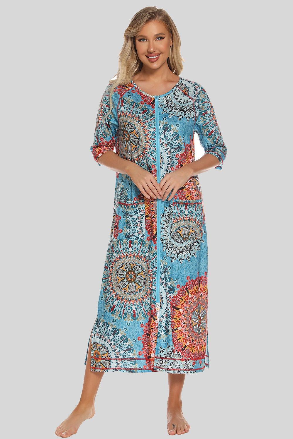 Printed Slit Night Dress with Pockets - Clothes For Her Online Store