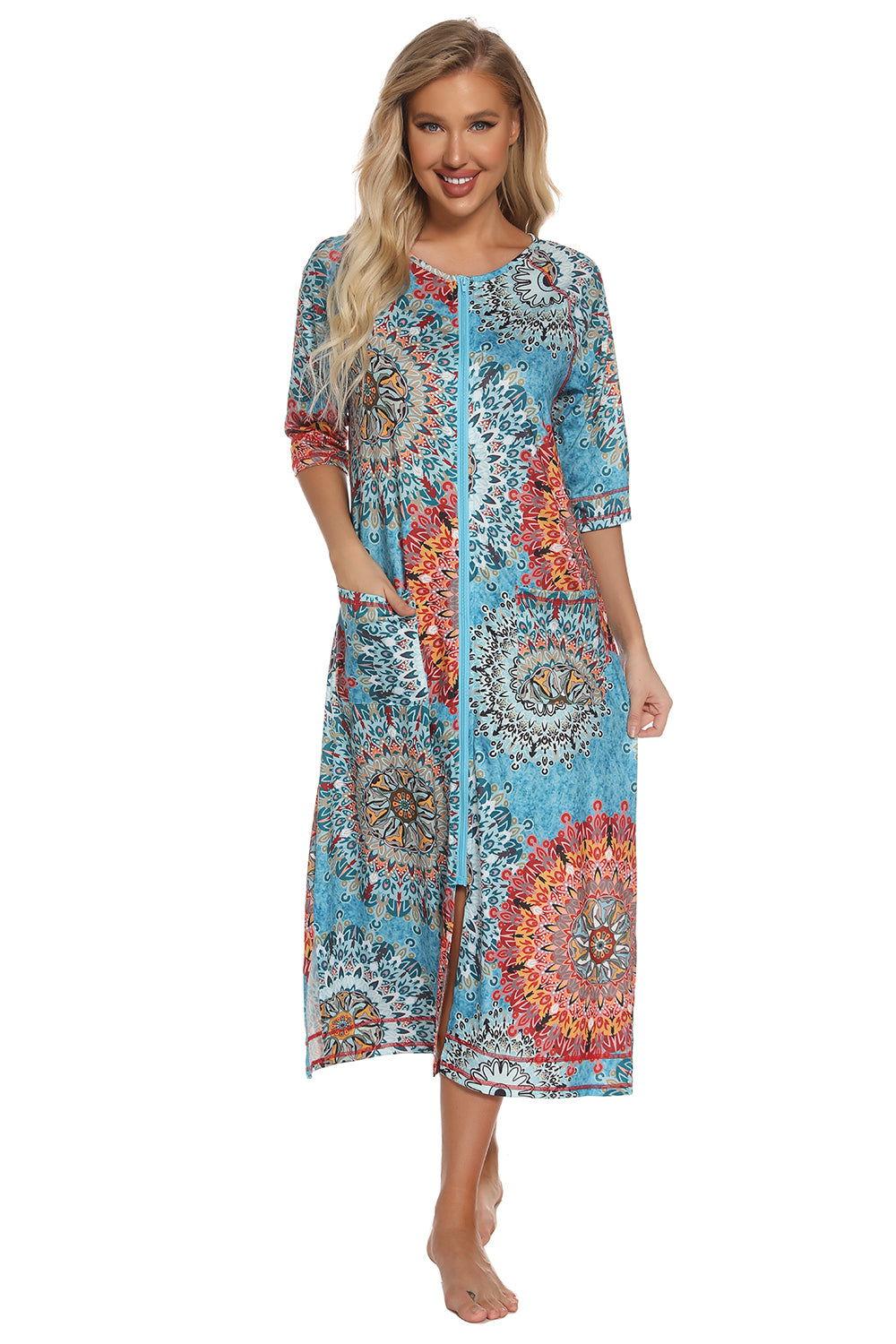 Printed Slit Night Dress with Pockets - Clothes For Her Online Store