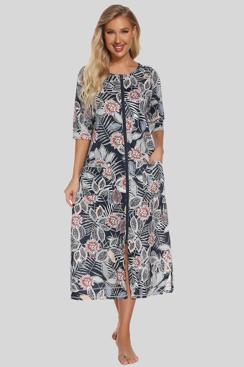 Printed Slit Night Dress with Pockets - Clothes For Her Online Store
