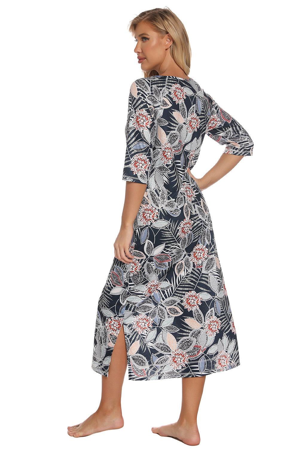Printed Slit Night Dress with Pockets - Clothes For Her Online Store