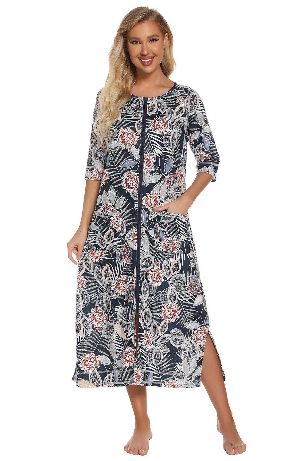 Printed Slit Night Dress with Pockets - Clothes For Her Online Store