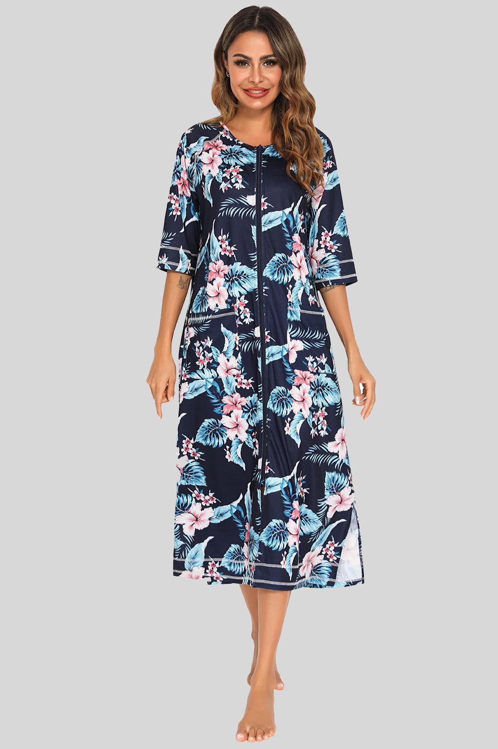 Printed Slit Night Dress with Pockets - Clothes For Her Online Store