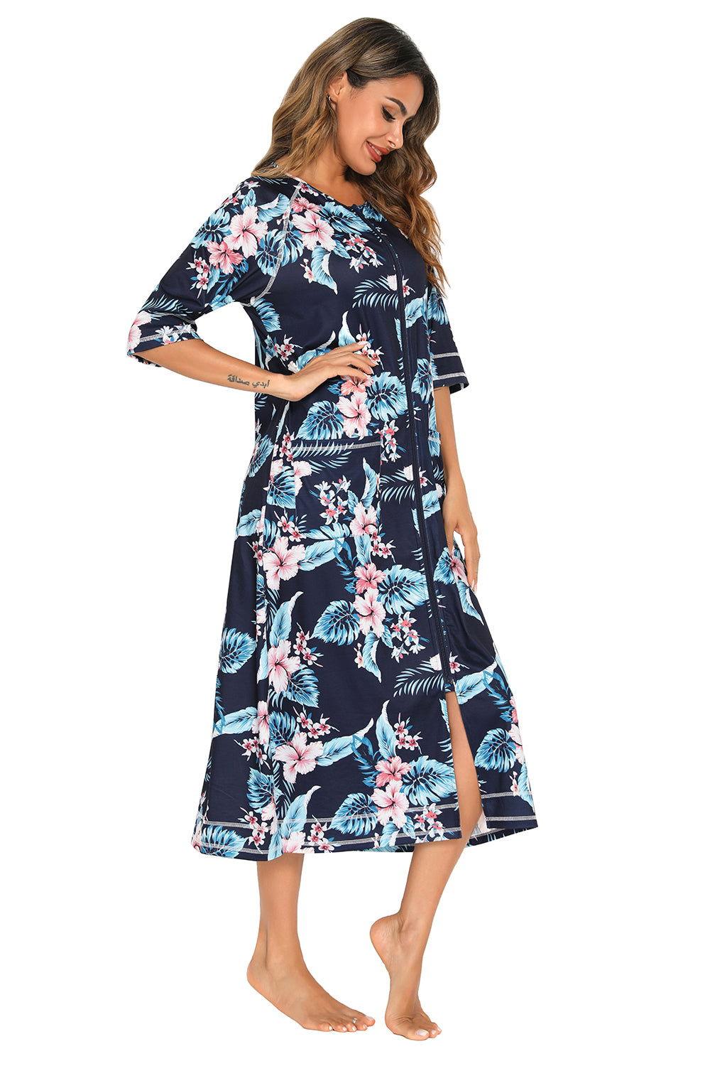 Printed Slit Night Dress with Pockets - Clothes For Her Online Store