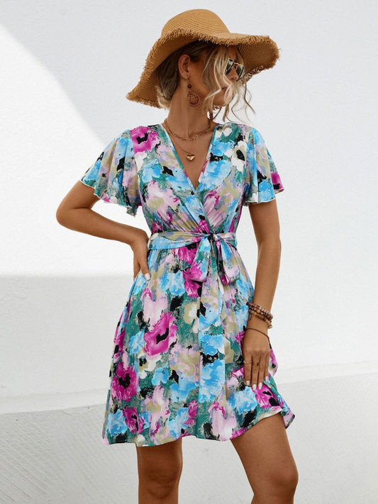 Printed Surplice Tie Waist Mini Dress - Clothes For Her Online Store