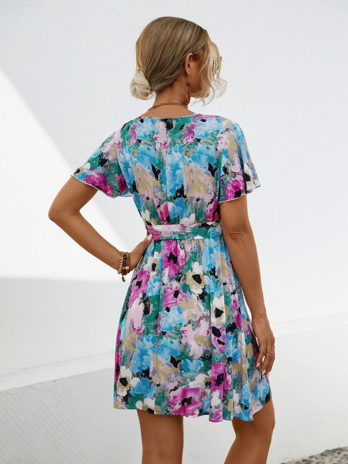 Printed Surplice Tie Waist Mini Dress - Clothes For Her Online Store