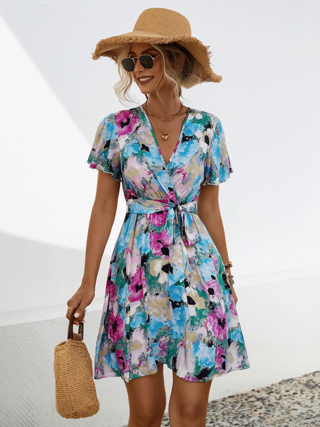 Printed Surplice Tie Waist Mini Dress - Clothes For Her Online Store