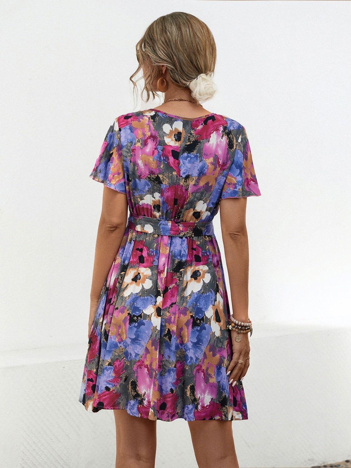 Printed Surplice Tie Waist Mini Dress - Clothes For Her Online Store
