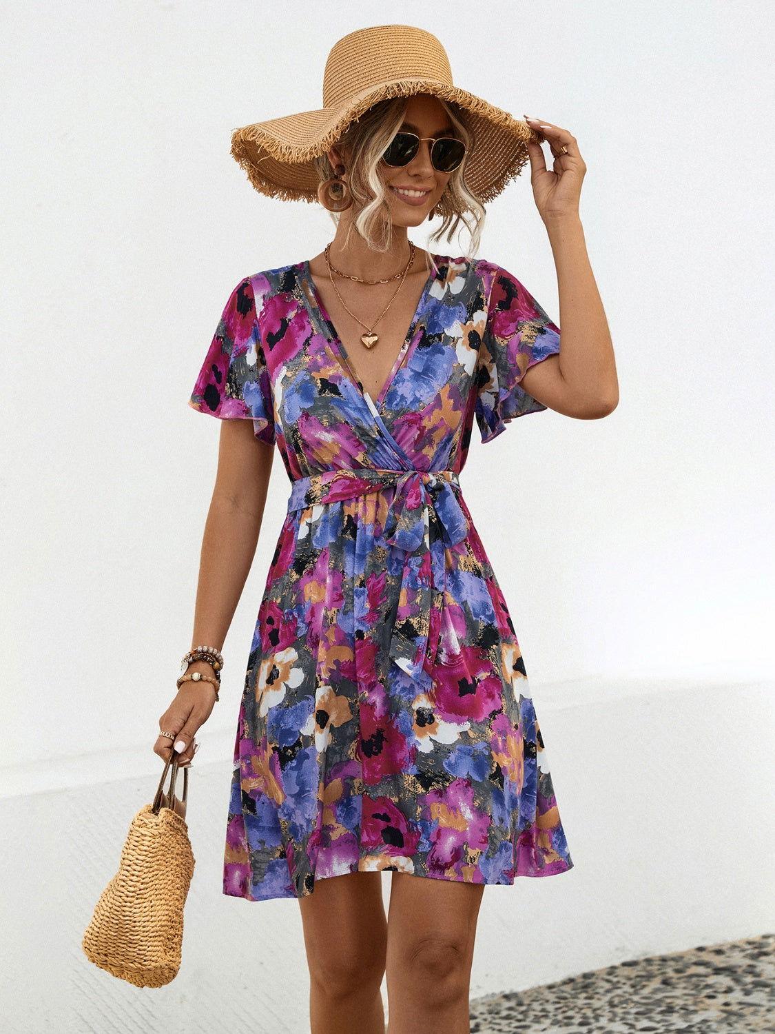 Printed Surplice Tie Waist Mini Dress - Clothes For Her Online Store
