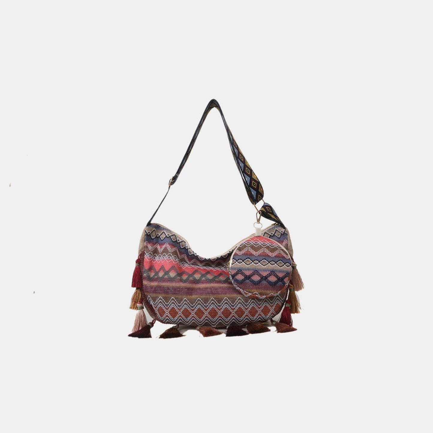 Printed Tassel Detail Crossbody Bag with Small Purse - Clothes For Her Online Store
