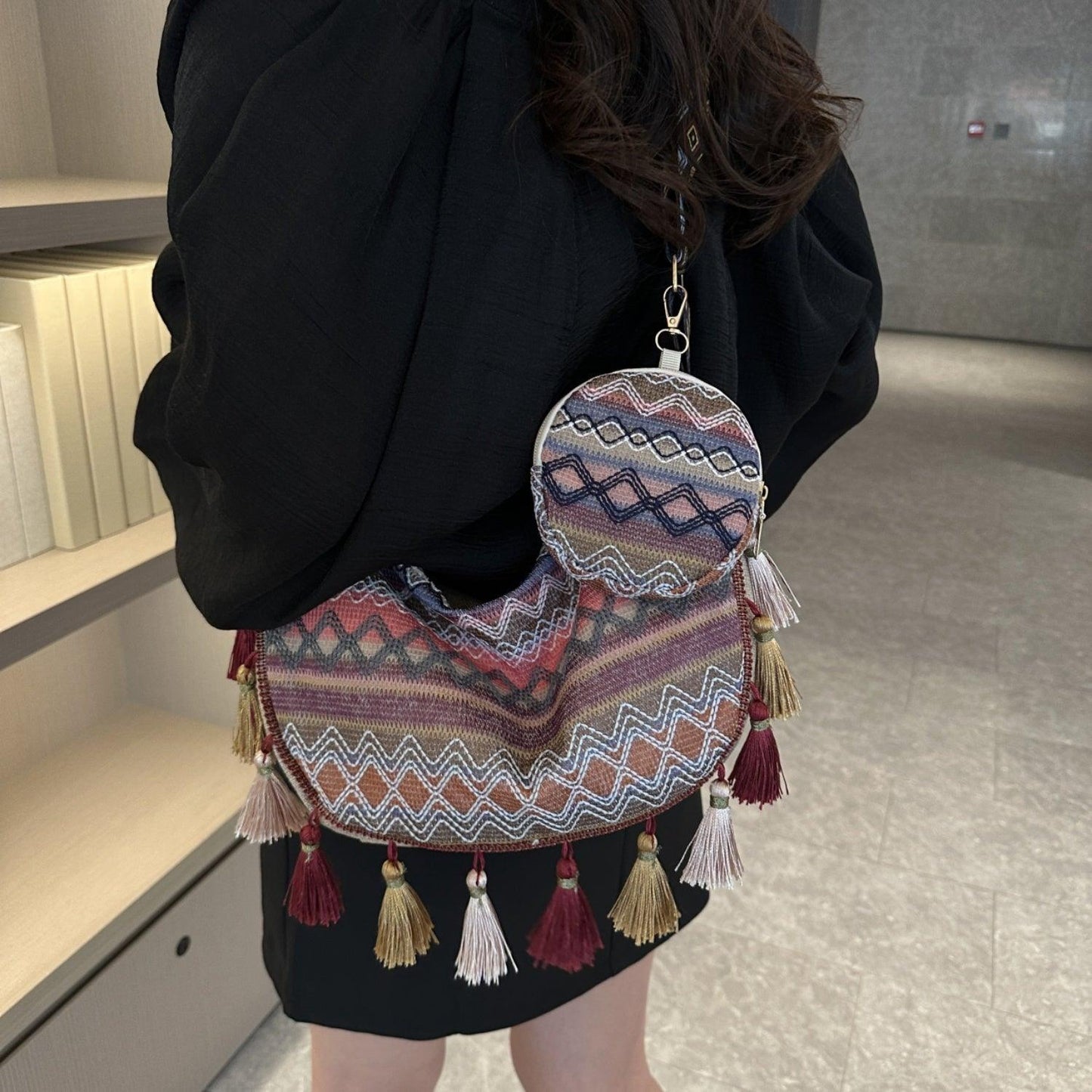 Printed Tassel Detail Crossbody Bag with Small Purse - Clothes For Her Online Store