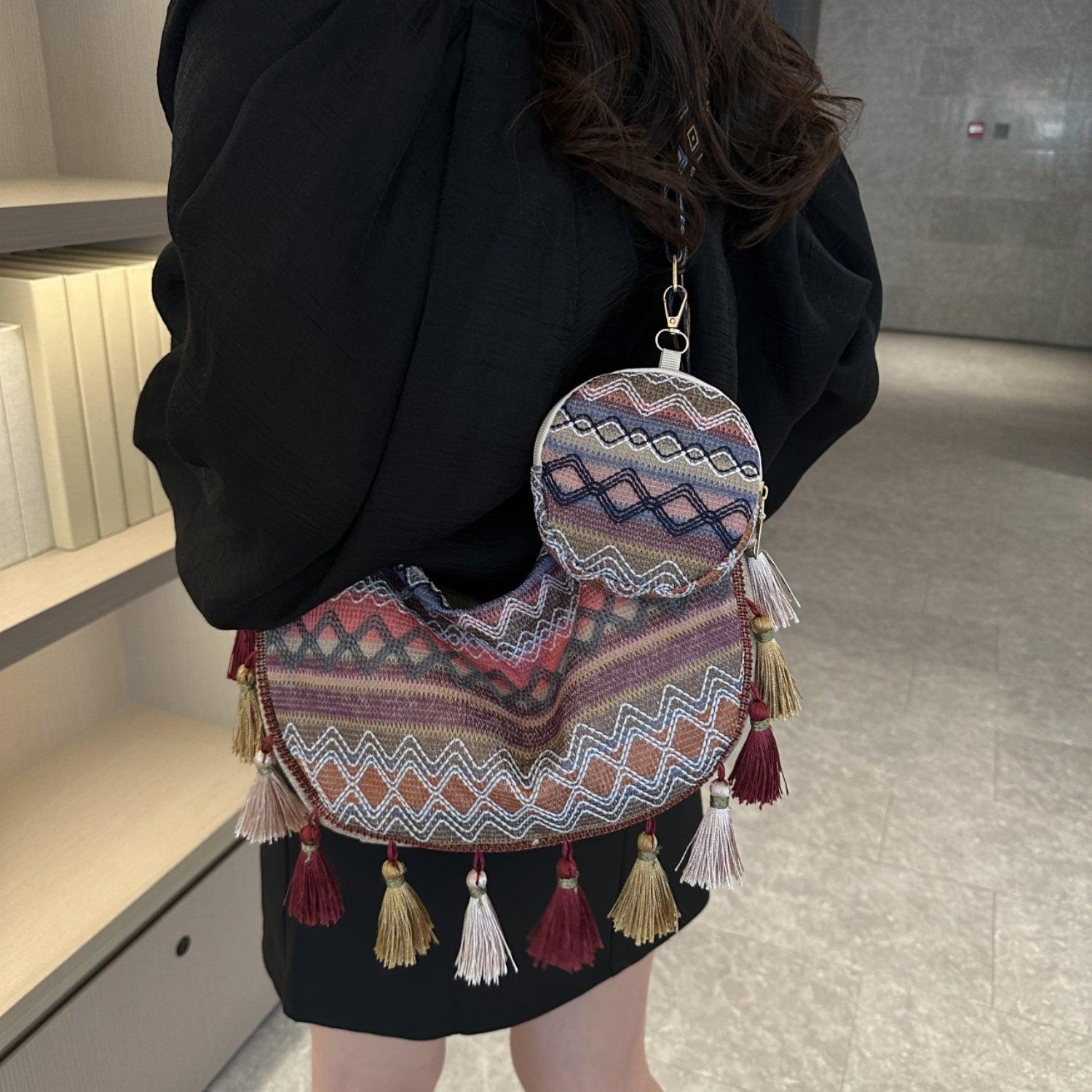 Printed Tassel Detail Crossbody Bag with Small Purse - Clothes For Her Online Store