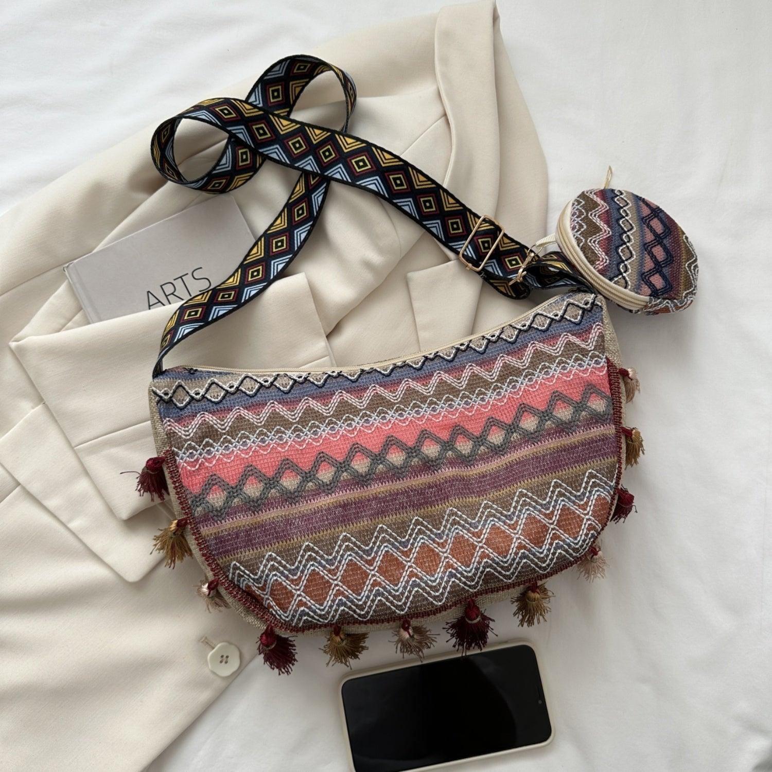 Printed Tassel Detail Crossbody Bag with Small Purse - Clothes For Her Online Store